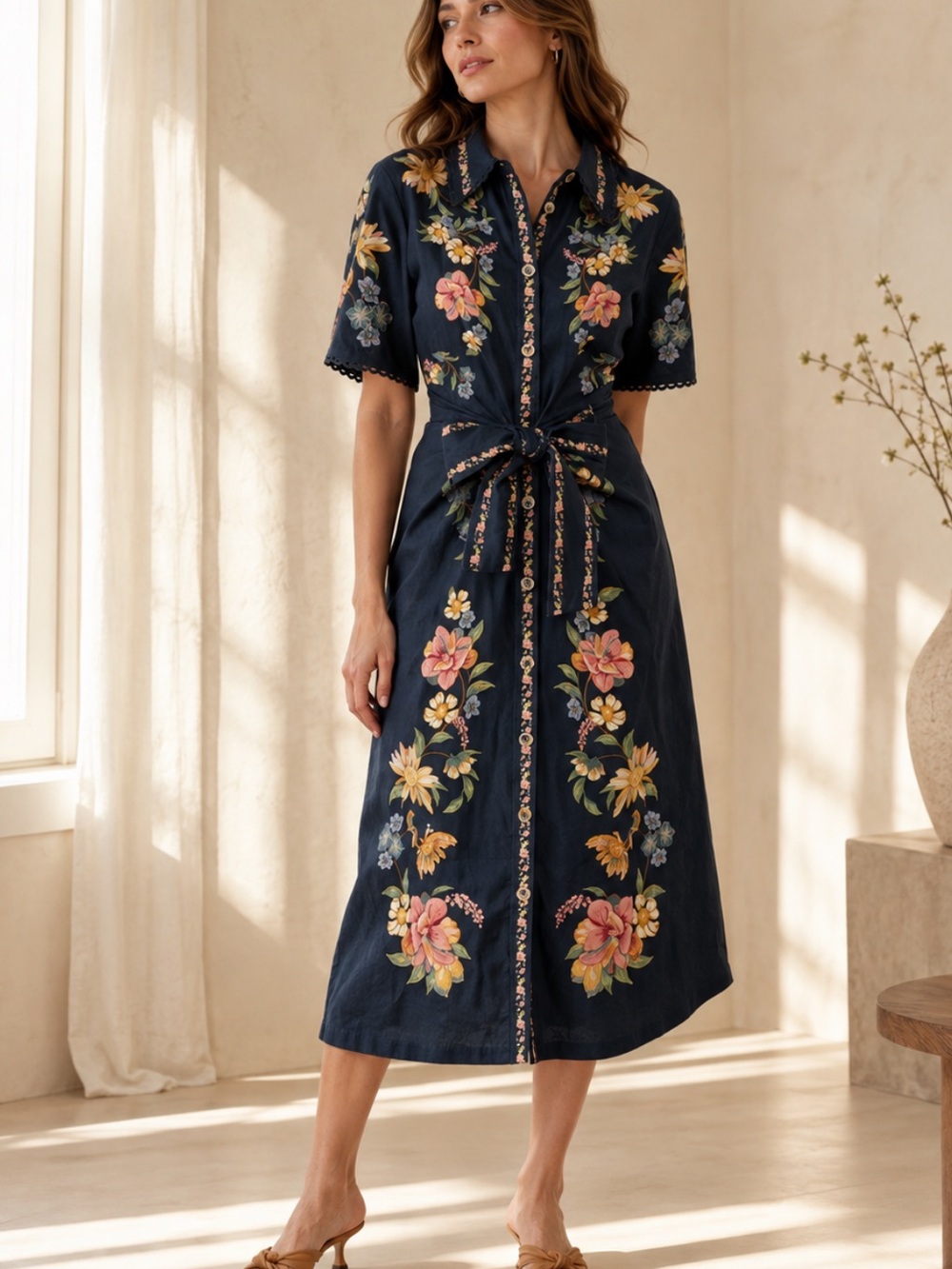 FARM RIO Maira Belted Floral Midi Dress Shirtdress Dark Navy Blue